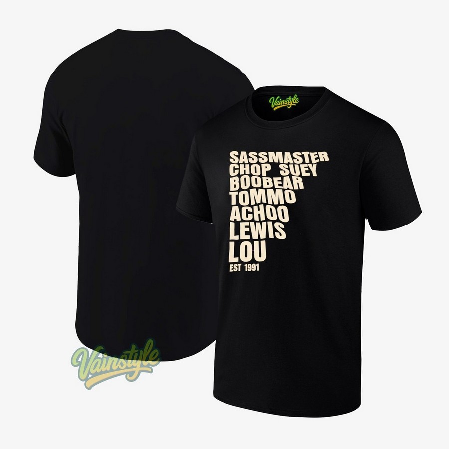 Sassmaster Chop Suey Boobear Tommo Achoo Lewis Lou Est 1991 T-Shirt Sassmaster Chop Suey Boobear Tommo Achoo Lewis Lou Est 1991 T-Shirt