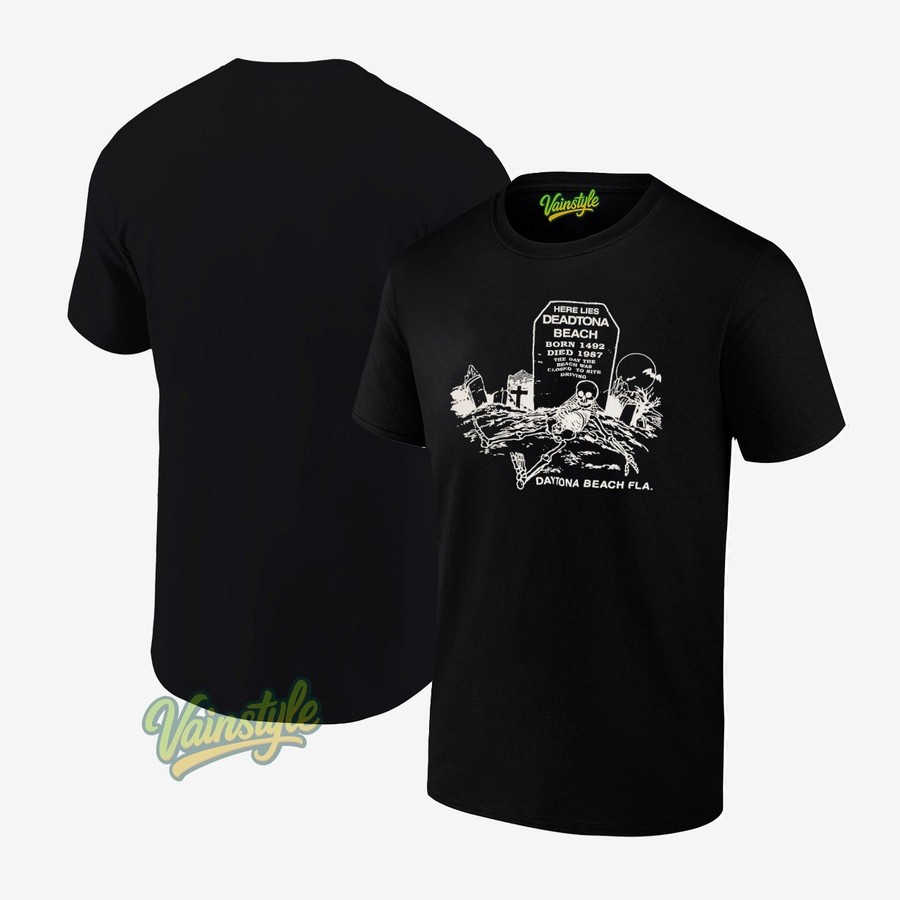 Skeleton here lies dead on beach born 1492 died 1987 the day the beach was closed to nite driving T-Shirt Skeleton here lies dead on beach born 1492 died 1987 the day the beach was closed to nite driving T-Shirt