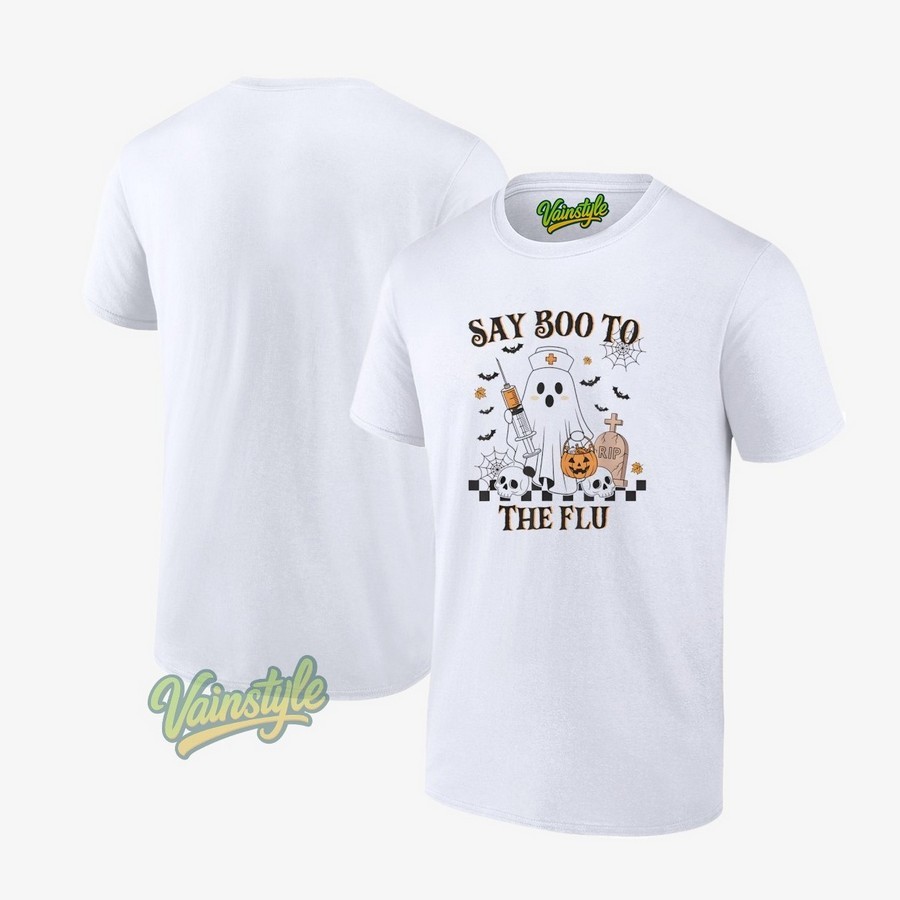 Vaccine Say Boo to The Flu Retro Nurse Ghost Halloween T-Shirt Vaccine Say Boo to The Flu Retro Nurse Ghost Halloween T-Shirt