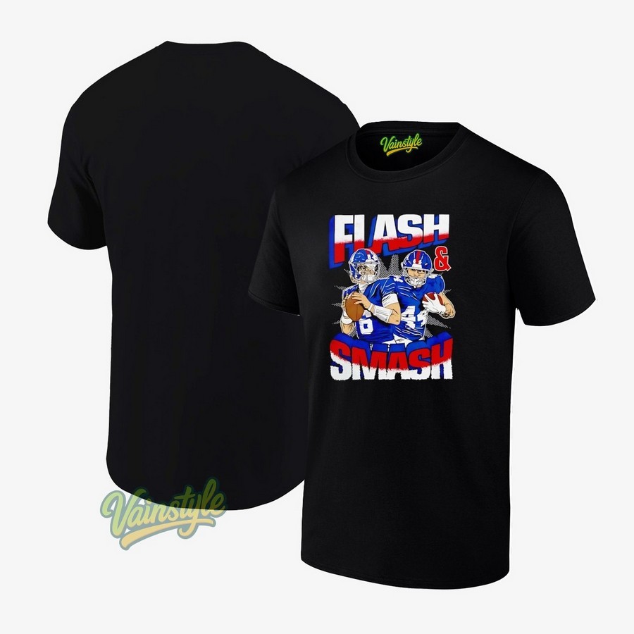 Jaxson Dart And Cam Skattebo Flash And Smash New York Giants Football Cartoon T-Shirt