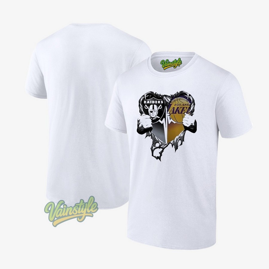 Las Vegas Raiders And Los Angeles Lakers Logo Inside Heart T-Shirt Las Vegas Raiders And Los Angeles Lakers Logo Inside Heart T-Shirt