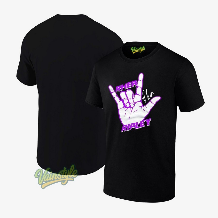 Rhea Ripley Rock And Roll Hand Sign Signature T-Shirt Rhea Ripley Rock And Roll Hand Sign Signature T-Shirt
