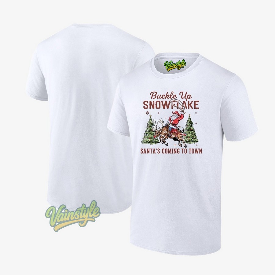 Snowflake Buckle Up Santa’s Coming To Town T-Shirt
