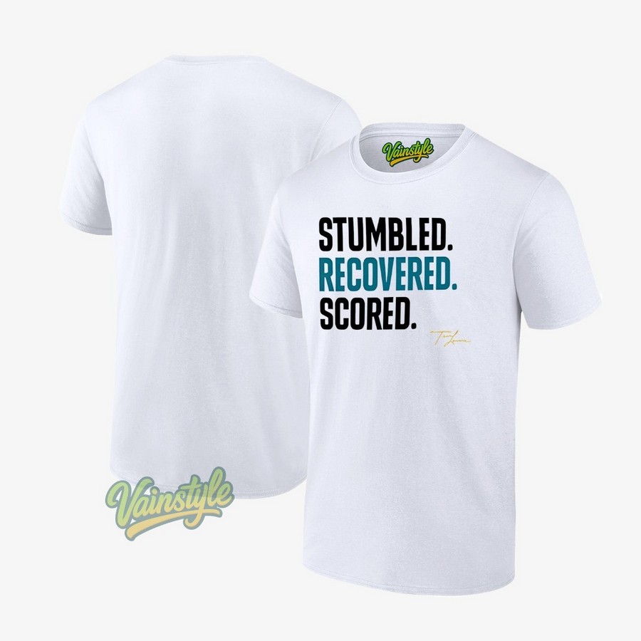 Trevor Lawrence Jacksonville Jaguars Stumbled Recovered Scored Signature T-Shirt Trevor Lawrence Jacksonville Jaguars Stumbled Recovered Scored Signature T-Shirt